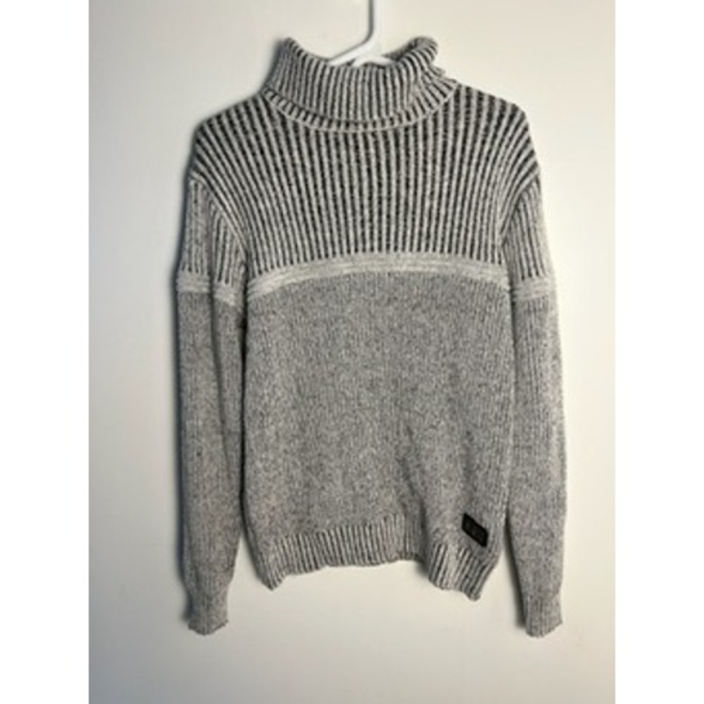 Nick Danger Men Med Grey Ribbed Turtleneck Knit Sweater Pullover Striped Preppy